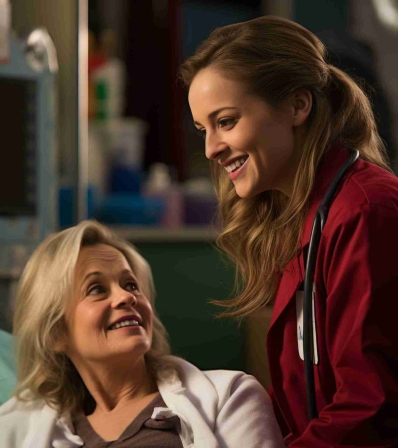 A young female doctor is talking to an elderly female patient.